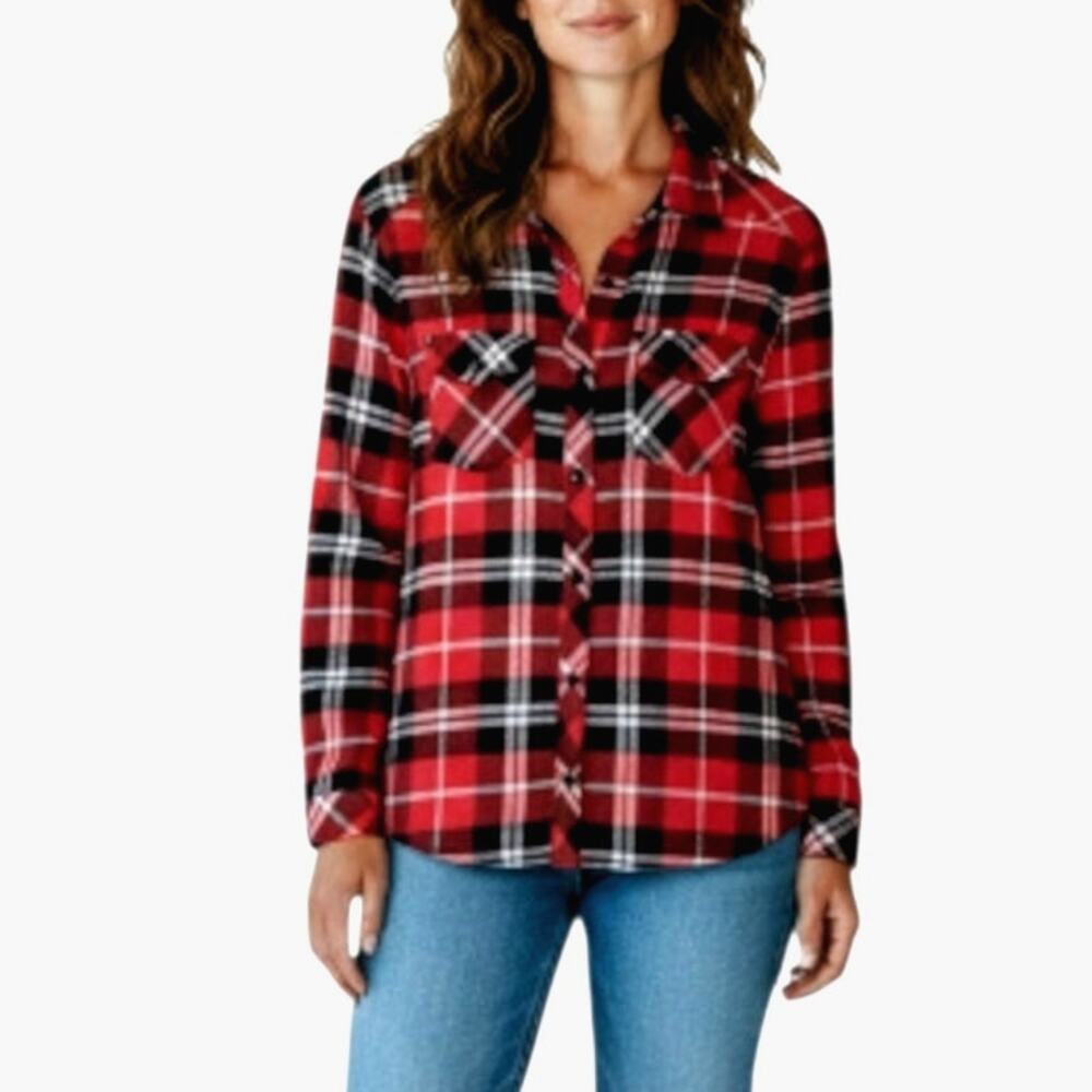 Ci Sono Plaid Button Down Flannel Shirt Relaxed Fit Red Black Cotton Blend M